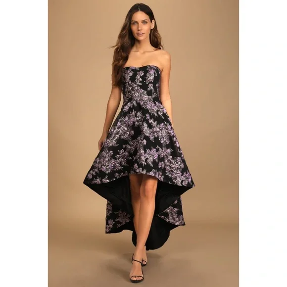 Lulus All Romance Black Floral Jacquard Strapless High-Low Gown Black/Lilac - XS - Picture 3 of 15